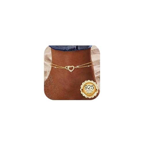 Image of MILACOLATO 925 Sterling Silver Anklets for Women Dainty Heart Layered Waterproof 14K Gold Ankle Bracelets Adjustable Extra Large Anklet Beach Foot Jewellery