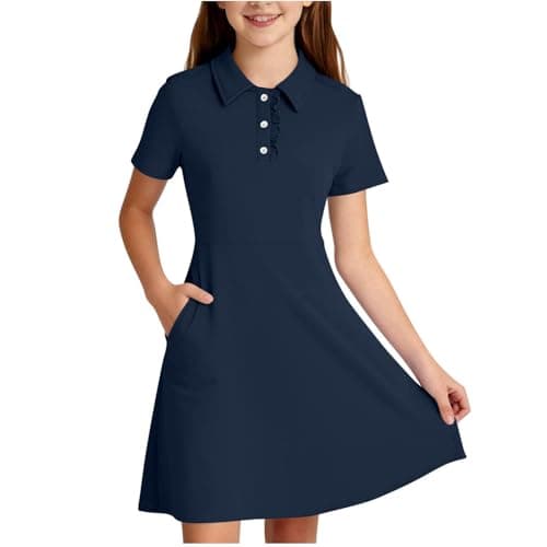 Image of Girls Polo Dress Short Sleeve Golf Tennis Summer Mini Dresses, Kids A-Line Active Dress Lapel Stretchy Tunic Casual Dresses Pe School Uniform Navy 14 Years