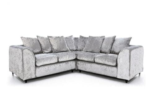 Image of 2c2 Corner Settees - Crush Velvet Scatter Back Couch - Modular 3pc Dual Arm Sofa - Luxury L Shaped Corner Settee - Comfy - Dual Arm 5 Seated Couches for TV Lounge & Living Room (Silver)