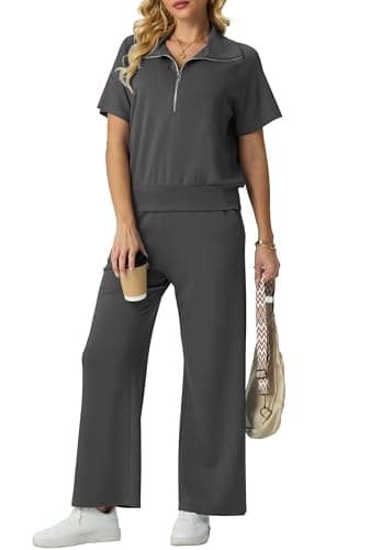 Image of GRECERELLE Tracksuit Womens Full Set Summer Activewear Two Piece Outfits Lounge Wear Sets for Women Short Sleeve Half Zip Casual Pullover Tops and Jogging Bottoms with Pockets (Dark Gray, L)