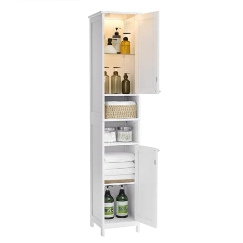 Image of VASAGLE Tall Bathroom Cabinet with Lights, Slim Bathroom Storage Cabinet, Freestanding Narrow Storage Unit with Adjustable Shelves, Open Compartments, for Small Spaces, Modern, Cloud White BBC566W04