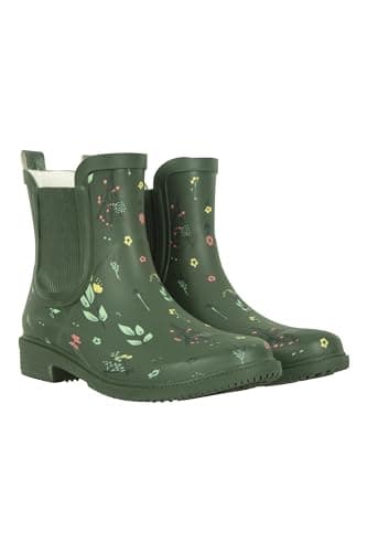 Image of Mountain Warehouse Women’s Printed Rubber Ankle Wellies - Waterproof Rain Shoes, Soft Wool Lining, Easy To Clean, EVA footbed Ladies Wellington Boots - For Walking Dark Khaki Adult Shoe Size 4