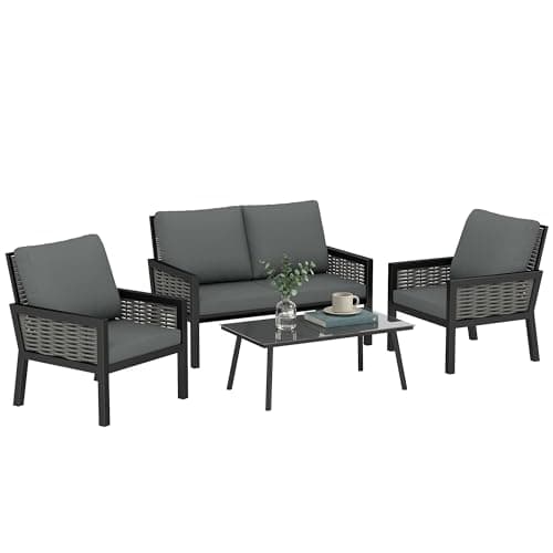 Image of Outsunny 4 Seater Rattan Garden Furniture Set with 2 Armchairs, Loveseat, Coffee Table, Garden Sofa Set with Cushions, Outdoor Furniture Conversation Sets for Patio, Dark Grey
