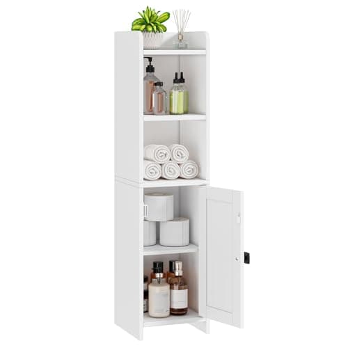 Image of Lomojo Small Bathroom Storage Cabinet Corner,Bathroom Floor Cabinet with Adjustable Shelves, Freestanding Narrow Toilet Paper Organizers for Small Spaces, White