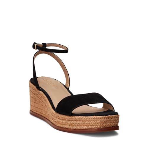 Image of LAUREN Ralph Lauren Women's Leona Suede Espadrille Wedge Sandal, Black, 6 UK