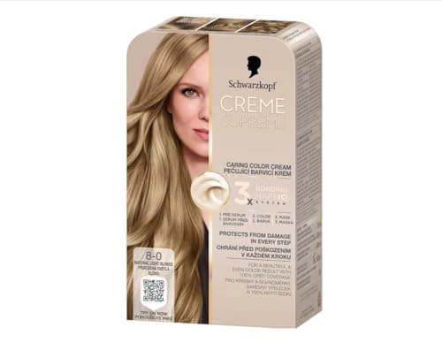 Image of SCHWARZKOPF CREAM SUPREME 8-0 Natural Light Blonde, Hair dye that provides deep care, Protection against damage, Beautiful and even color result, 100% coverage of white hair, Pack of 1