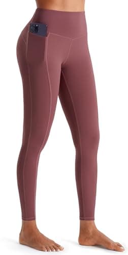 Image of JOYSPELS Women's Gym Leggings with Pockets - High Waisted Tummy Control Full Length Yoga Pants for Workout, Running, Daily Leisure Dull Red M