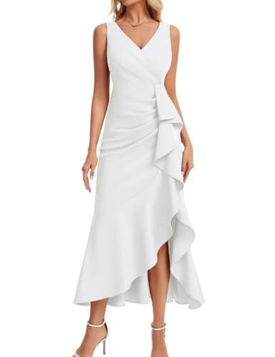 Image of DRESSTELLS Cocktail Dresses for Women UK, White Formal Wedding Guest Bridesmaid Party Evening Gown Prom Church Split Ruched Ruffle Aline Maxi Dress White 2XL