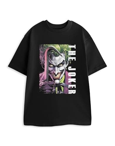 Image of DC Comics The Joker Black Graphic Tee | Short Sleeve T-Shirt with Front Chest Print & Ribbed Crew Neckline | Unisex Adult Comic Character Top Merch - Medium