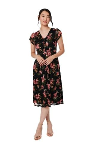 Image of Izabel London Floral Cap Sleeve Shirred Midi Dress for Women UK with a v-Neck, Buttons and semi Sheer Layer. Black
