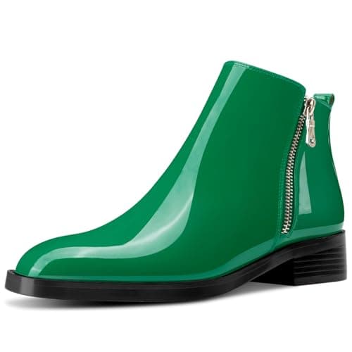 Image of Saekcted Womens Chunky Block Low Heel Square Toe Ankle Boots Short Bootie Slip-on Zipper Office Basic Classic Patent Leather Boots Green 8 UK