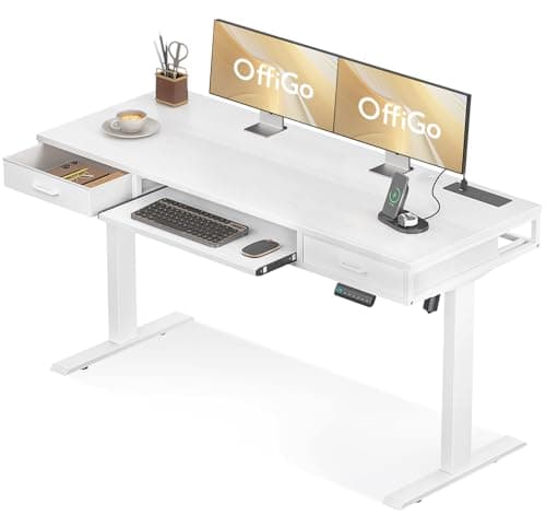 Image of OffiGo Height Adjustable Desk with Double Drawers, 140 cm Standing Desk with Keyboard Tray, Electric Computer Table with Power Socket, Sit Stand Desk for Home Office, White