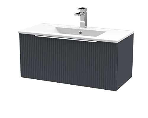 Image of Hudson Reed DFF1496B Fluted Modern Bathroom Wall Hung 1 Drawer Vanity Basin Unit with Minimalist Ceramic Basin, 800mm, Soft Black