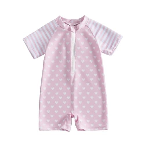 Image of BABWWNIX Baby Girl One Piece Swimming Costume Rash Guard Swimwear Short Sleeve Zipper Swimsuit Sun Protection Bathing Suit (Multicolor, 6-12 Months)