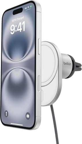 Image of Belkin BoostCharge Pro Magnetic Wireless Car Charger with Qi2 15W, MagSafe-compatible magnetic car vent phone mount for iPhone 17, Air, 16 Series, Pixelsnap, 1.5m USB-C to USB-C cable included - Grey