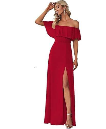 Image of Women's Elegant Off The Shoulder Side Split High Waist Flowy Pregnancy Maxi Bridesmaid Dress 2025, Red, Medium