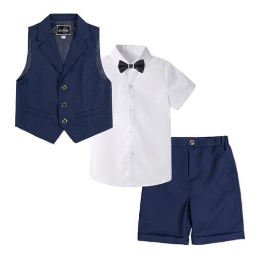 Image of LOLANTA 4-Piece Kids Waistcoat Suit, Boys Wedding Party Shorts Set, Page Boy Outfit, Shirt, Bow Tie, Shorts, Waistcoat, Navy, 7-8 Years, 140