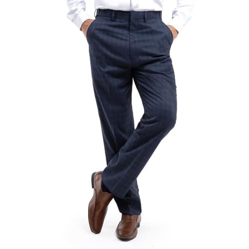 Image of Jolliman Mens Navy Check Trousers Hidden Stretch Waist Smart Golf Trousers 34W / 31L