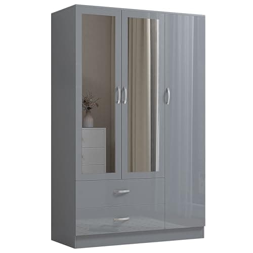 Image of Nera 3 Door Wardrobe with Mirror Shelves and Hanging Rail Tall Wardrobes for Bedrooms Storage (Gloss Grey (Matt Grey))