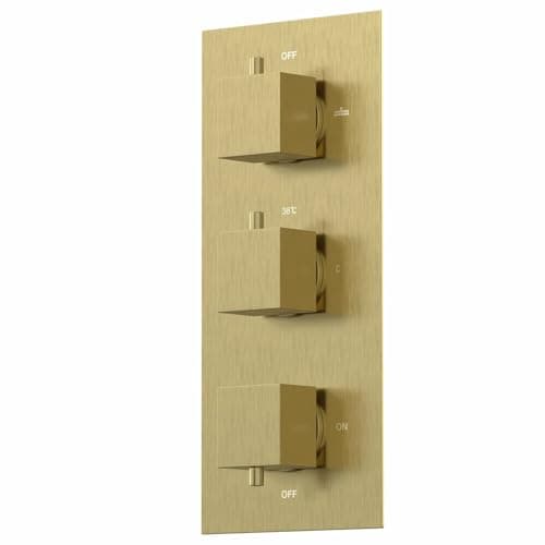 Image of Architeckt® Thermostatic Bathroom Shower Mixer Valve Concealed Triple Outlet Wall Mounted Square Controls Diverter Modern, Brushed Brass