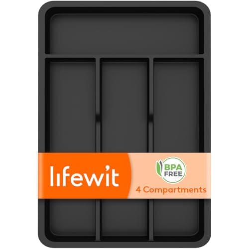 Image of Lifewit Cutlery Drawer Organiser, Plastic Cutlery Tray for Kitchen, Utensil Flatware Silverware Holder Divider for Spoons Forks Knives Tableware, 4 Compartments, 20 x 32cm, Black