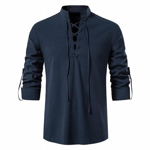 Image of SHEYOW Men Shirt Linen Long Sleeve Medieval Shirts Lace Up Casual Classic Vintage Costume (XL, Navy Blue)