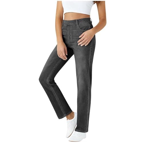 Image of Jeans for Women UK High Waisted Stretchy Straight Leg Denim Pants, Ladies Ripped Tapered Mom Jeans Casual Cotton Regular Fit Distressed Loungewear Daliy Holiday Black M
