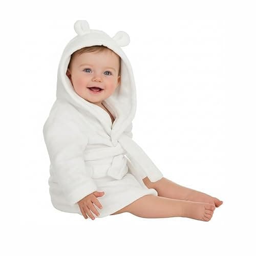 Image of Dressing Gown for Baby Girl & Boy | Soft Plush Polyester Hooded Bathrobe for Babies & Toddlers | Kids Bath & Bedtime Robe, Ideal Baby Gift & Newborn Essential | White 6-12 Months