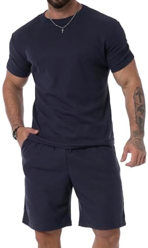 Image of KUYIGO Men's fashionable 2 piece sports suit, comfortable and warm fashion T-shirt and shorts set L Navy