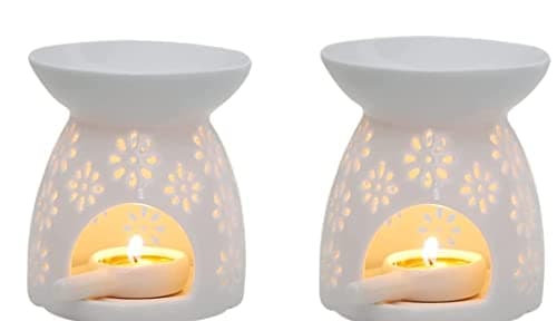 Image of ZEEWIZZ2 PACK !BIG SIZE! 9.8 x 9.8 x 11.5 cms Wax Oil Burner White - Star Pattern, Ceramic Aroma Burners Warmer Aromatherapy Holder Candle Scented Diffuser Home wax burner.