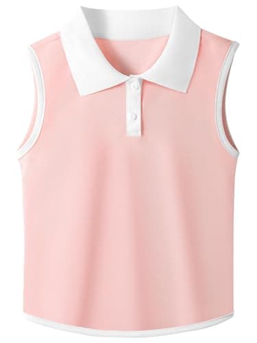 Image of GroYolan Girls Polo Shirt Sleeveless Golf Shirts Contrast Collared Button-Up Tennis T-Shirts Quick Dry Breathable Tank Tops Pink