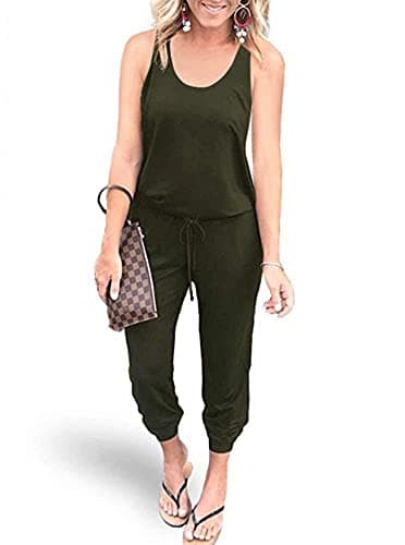 Image of REORIA Women Summer Casual Sleeveless Jersey Jumpsuits Elastic Waist Loose Jumpsuit Rompers with Pockets Army Green X-Large