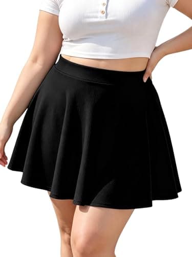 Image of Moon Wood Women's Ladies Black Mini Skater Skirt - Plus Size Elasticated Waisted Flared Casual Pleated Skirts UK L