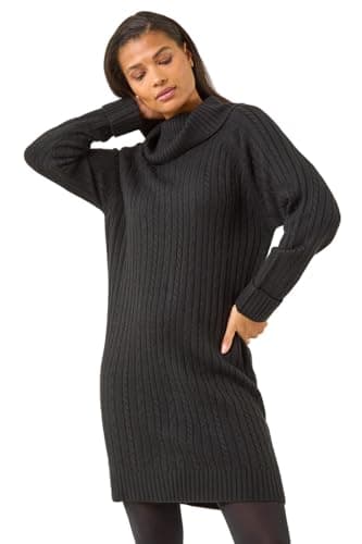 Image of Roman Roll Neck Knitted Jumper Dress for Women UK - Ladies Autumn Everyday Winter Holiday Cowl Neckline Comfy Long Sleeve Soft Rib Detail Frock Desk to Dinner Gowns - Black - Size 18