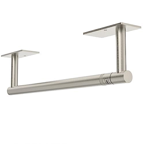 Image of WZRUA Kitchen Roll Holder Under Cabinet, Self Adhesive or Wall Mounted Paper Towel Holder, Brushed Nickel Double Post Pivoting Stainless Steel Kitchen Paper Holder (Square Base)