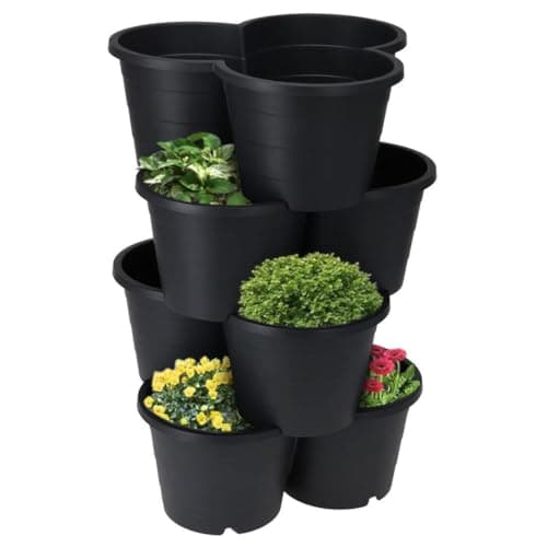Image of GEEZY Stackable Flower Pot Planters – Set of 4, Large Black Plastic Tiered Design for Outdoor Vertical Garden, for Herbs, Strawberries, Flowers – Space-Saving Durable Pots for Gardening Enthusiasts