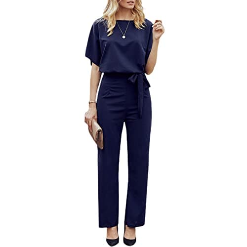 Image of YILEEGOO Women's Casual Jumpsuits Solid Color Batwing Sleeve Playsuit Crewneck Loose Rompers Belted Wide Legs Overall S-3XL (Navy, L)