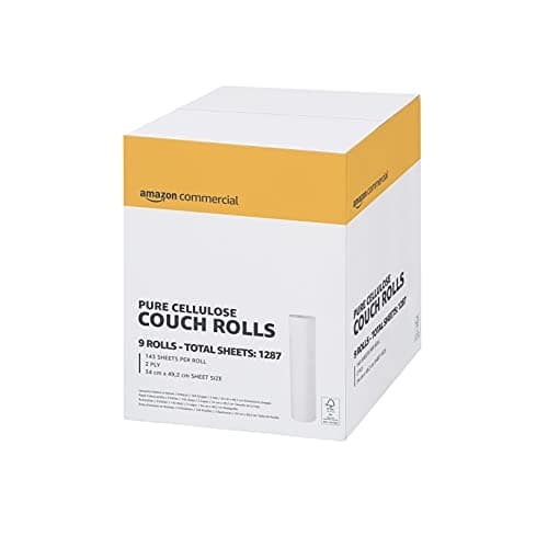 Image of AmazonCommercial Paper Hygiene Couch Rolls, 2-ply Premium, 9 Rolls (1 pack), 50 Metres / 143 Sheets per Roll, Sheet Size: 34 cm x 49.2 cm