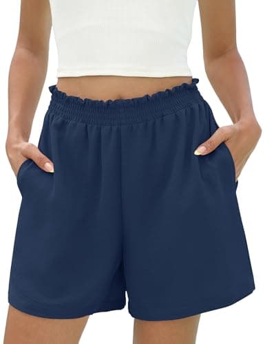 Image of Rapbin Shorts for Women UK Summer Ruffle Elastic High Waist Solid Color Wide Leg Casual Shorts with Pockets Navy Blue L