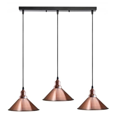 Image of LEDSone Industrial 3 Head Ceiling Pendant Light Copper Metal 22cm Conical Shades with Adjustable Cables, E27 Led Lamp Kit and 50cm Rectangular Ceiling Rose for Kitchen Island Dining Room Bar