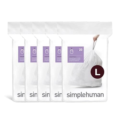 Image of simplehuman Code L 100 Liners, 50% Recycled Custom Fit Bin Bags in Dispenser Packs, Durable Drawstring Tie Handle, 18L, White