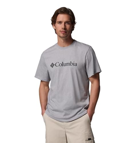 Image of Columbia Men's Basic Logo Tee, Short Sleeve T-Shirt, Columbia Grey Heather/Gem Columbia, Large