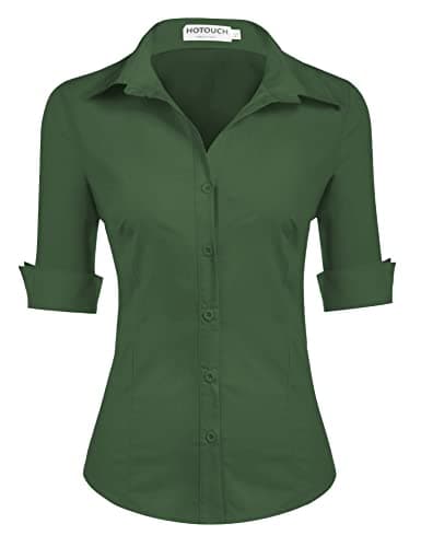 Image of HOTOUCH Ladies Shirts Short Sleeve Cotton Shirt Blouses for Women 3/4 Sleeve Tops Office Blouse Fitted Shirts V-Neck Top Green L