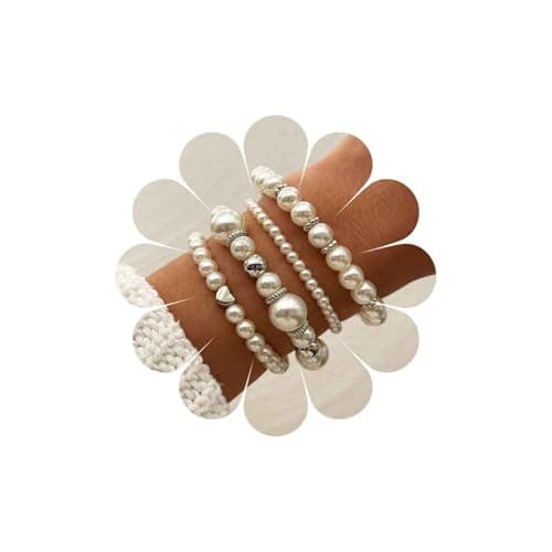 Image of Inateannal Stackable Pearl Beaded Bracelet Set White Stretch Elastic Multilayer Bangle with Heart Ball Charm Bridal Wedding Jewelry