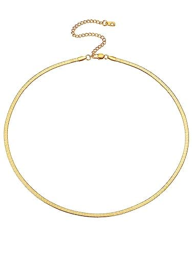 Image of FOCALOOK Gold Plated Snake Chain Necklace for Women 3mm 15inch Fashion Herringbone Necklace Stainless Steel Gold Flat Chain