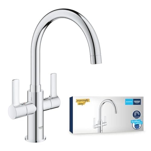Image of GROHE Start – Two Handle Kitchen Sink Mixer (High C-Spout, Adjustable Swivel Area 0°/150°/360°, 1-Hole Installation, Low Pressure Min. 0.2 Bar, UK Tails 1/2 Inch BSP), Size 321 mm, Chrome, 30481000