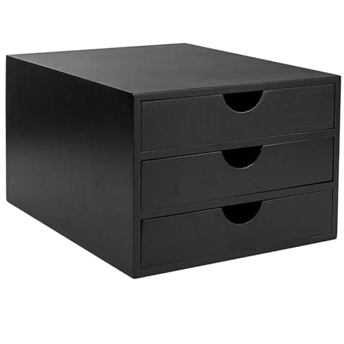 Image of Woodluv 3 Drawer Bamboo Home Office Desktop Tidy A4 Sturdy Stationary Storage Organiser Unit, Black - W25 X D33 X H18.5cm