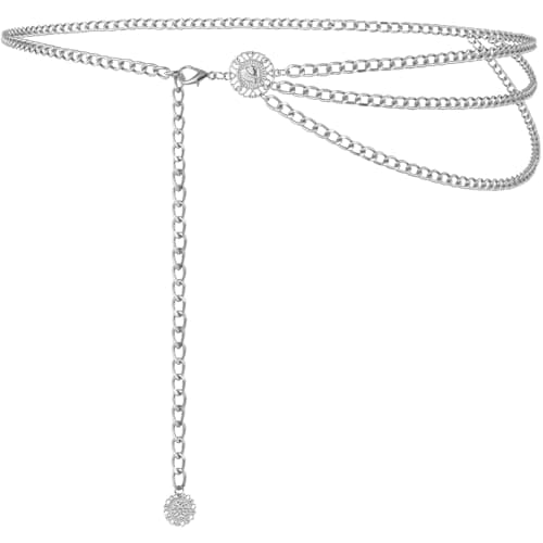 Image of Alaoo Silver Chain Belt for Women, Chain Belt Adjustable Boho Waist Fashion, Cowgirl Links Belts for Women Dresses Jean Pants (D-115CM)