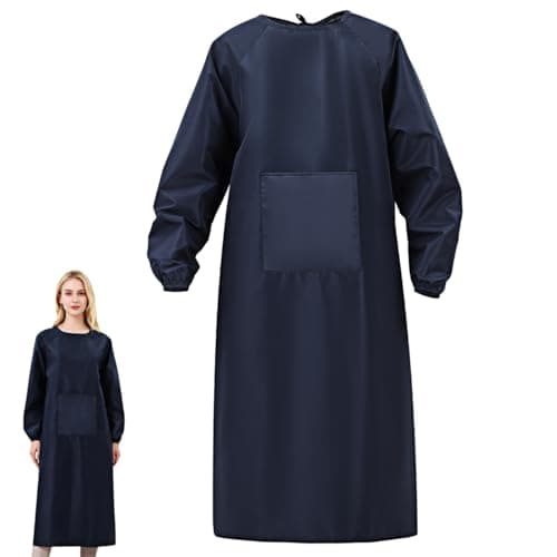 Image of Gadpiparty Waterproof Oilproof Long Sleeve Apron for Men and Women with Pockets, Protective Workwear Smock for Cleaning, Cooking and Painting, Dark Blue Sturdy Coverall for Home
