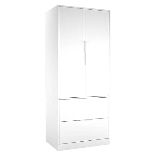 Image of URBNLIVING 2 Door 2 Drawer Minimalist Bedroom White Wardrobe Storage & Hanging Rail Modern Furniture with Clothes Shelf for Home Organiser Unit 179cm H x 74cm W x 50cm D